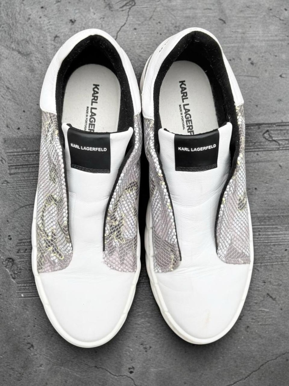 Karl Lagerfeld White Sneakers with Silver Snake-Print Panels